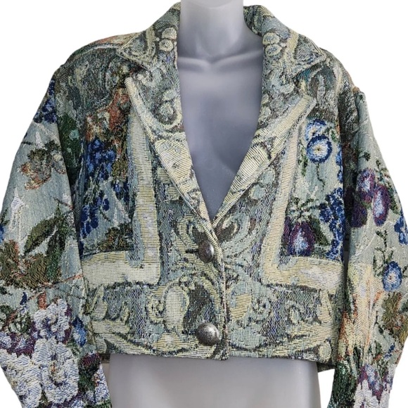 Painted Pony Womens Small Green Floral Tapestry Button Front Cropped Jacket USA - Picture 3 of 10